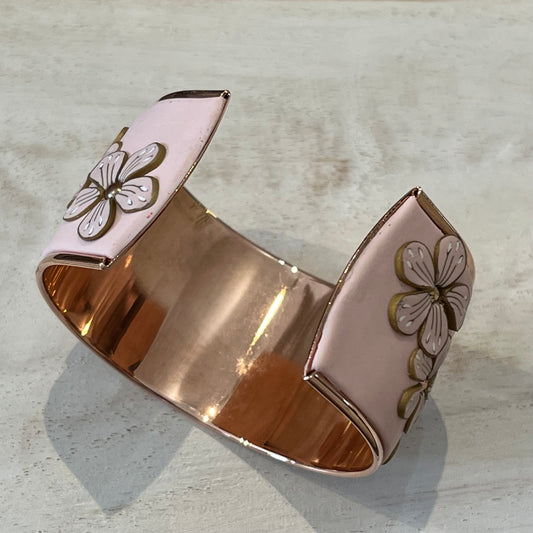 Rose Gold Bloom Cuff by Stephanie Fraselle, handcrafted floral bracelet in soft pink polymer clay with Swarovski pearls and 24k gold-plated brass base