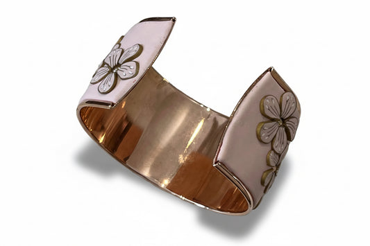 Rose Gold Bloom Cuff by Stephanie Fraselle, handcrafted floral bracelet in soft pink polymer clay with Swarovski pearls and 24k gold-plated brass base