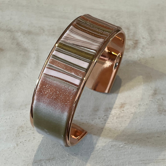 Rose Gold Striped Cuff from The Gilded Rose Collection by Stephanie Fraselle in Rose Gold with Hand-Sculpted Striped Clay, 21mm Wide, 16cm Long