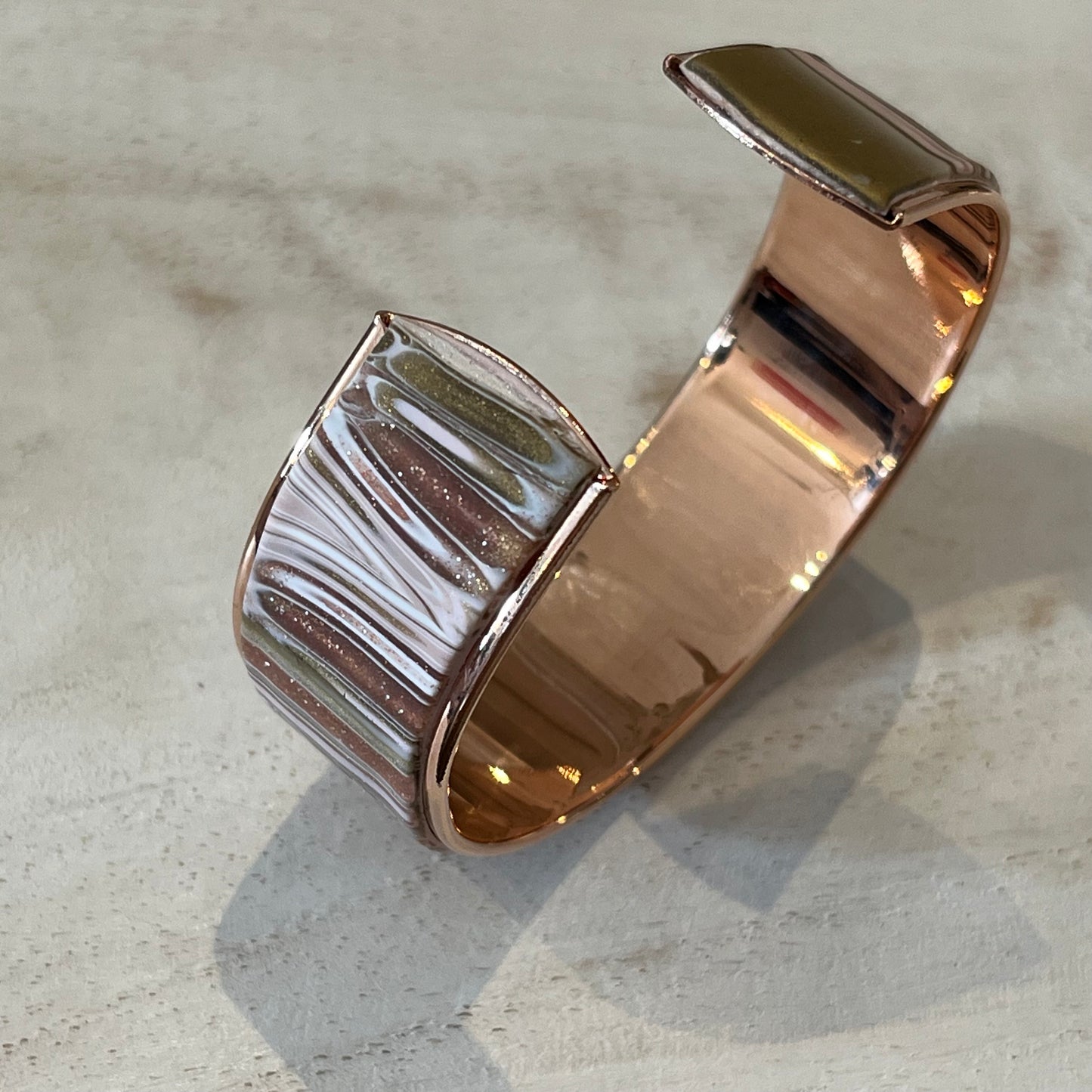 Rose Gold Striped Cuff from The Gilded Rose Collection by Stephanie Fraselle in Rose Gold with Hand-Sculpted Striped Clay, 21mm Wide, 16cm Long