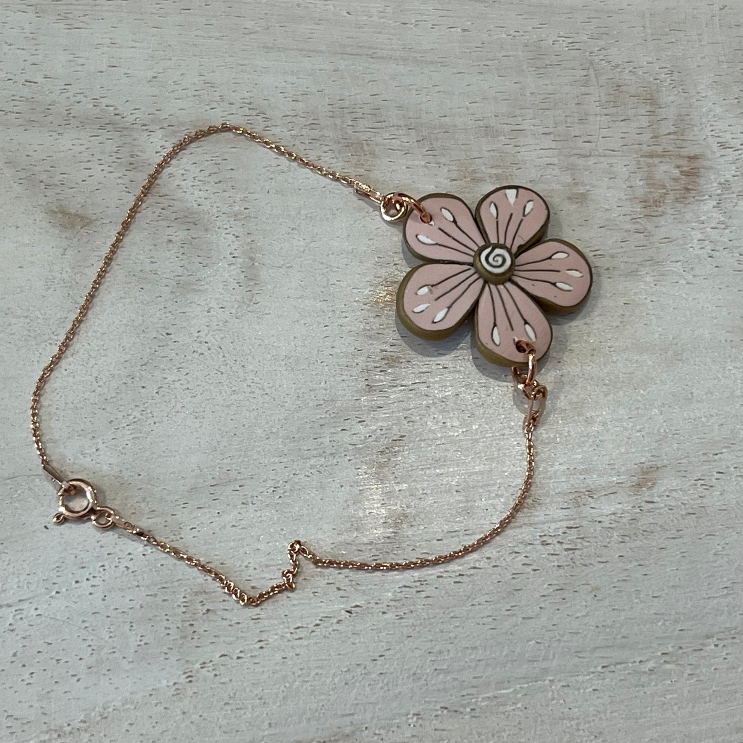 Handmade Floral Bloom Bracelet by Stephanie Fraselle – Pink and Gold Polymer Clay on Rose Gold-Plated Sterling Silver Chain