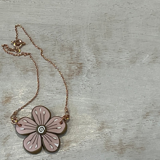 Handmade Floral Bloom Bracelet by Stephanie Fraselle – Pink and Gold Polymer Clay on Rose Gold-Plated Sterling Silver Chain