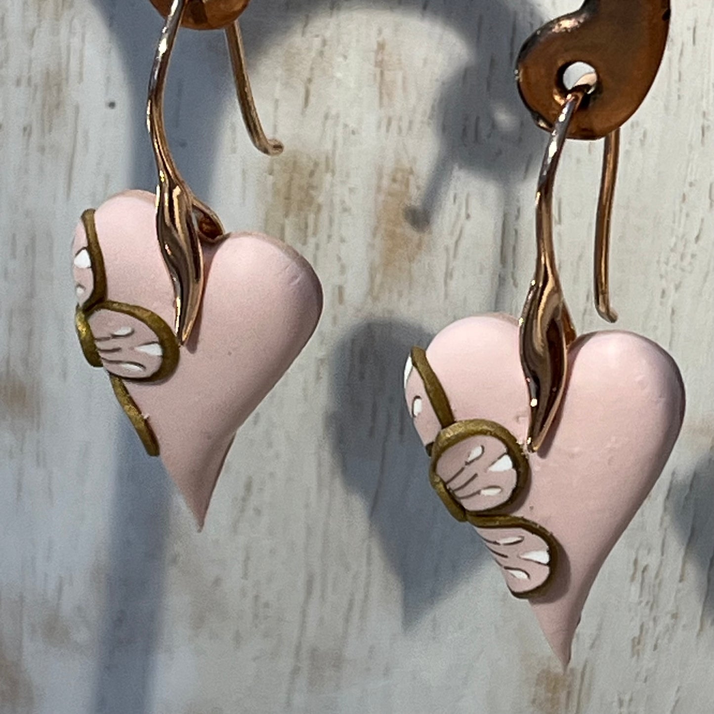 Be Still My Beating Heart Earrings by Stephanie Fraselle – Handmade Powder Rose Hearts with Gold-Edged Bloom on Rose Gold Hooks