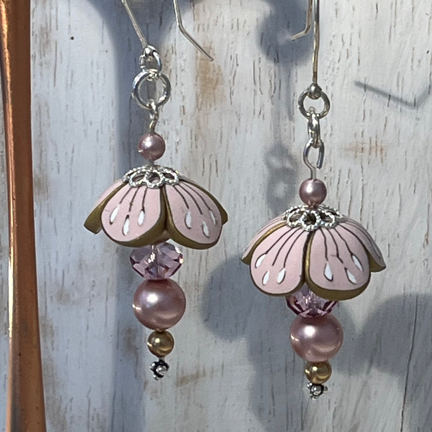 Pastel Blossom Earrings by Stephanie Fraselle in powder pink and gold with Swarovski pearls and crystals
