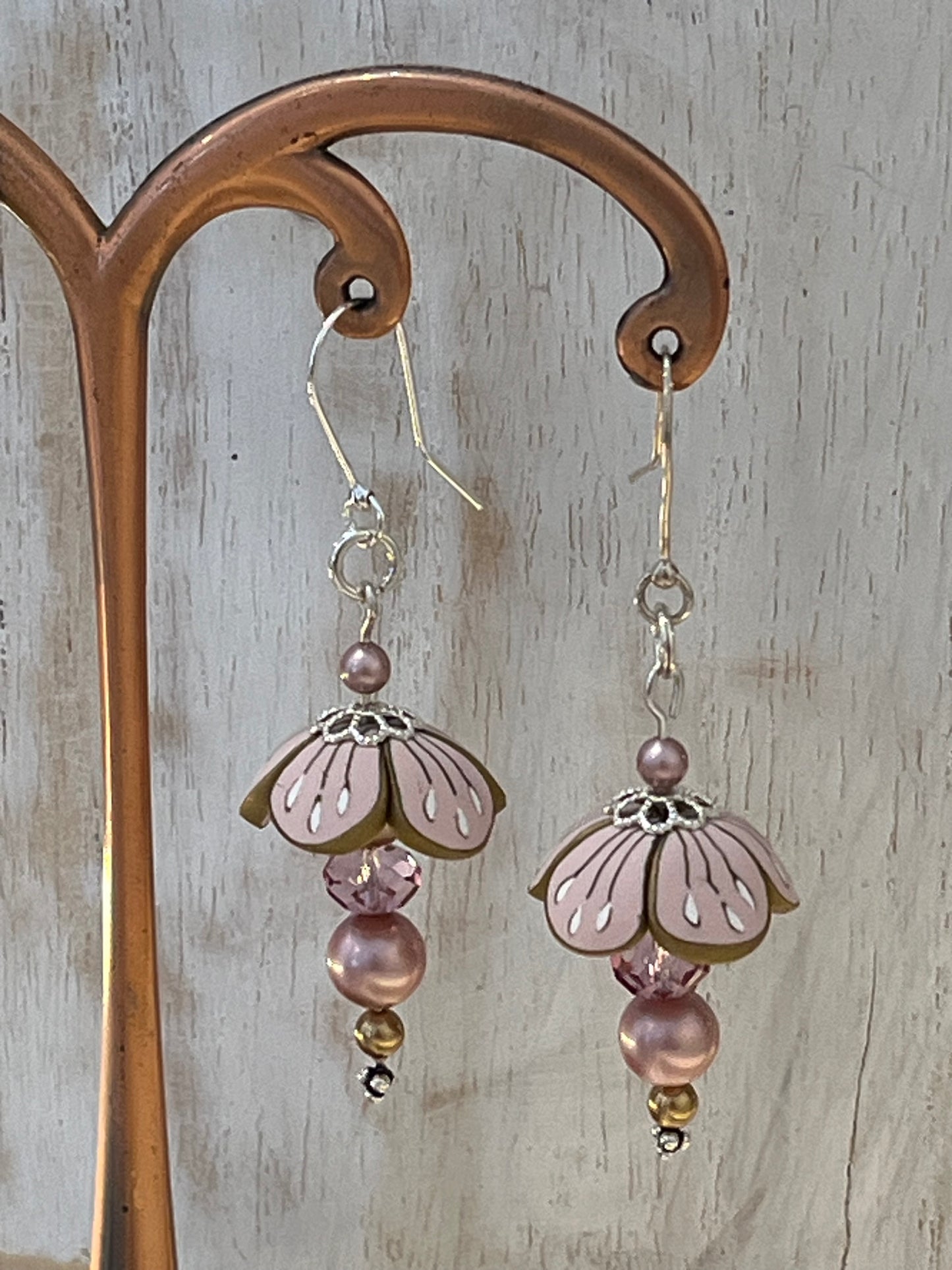 Pastel Blossom Earrings by Stephanie Fraselle in powder pink and gold with Swarovski pearls and crystals