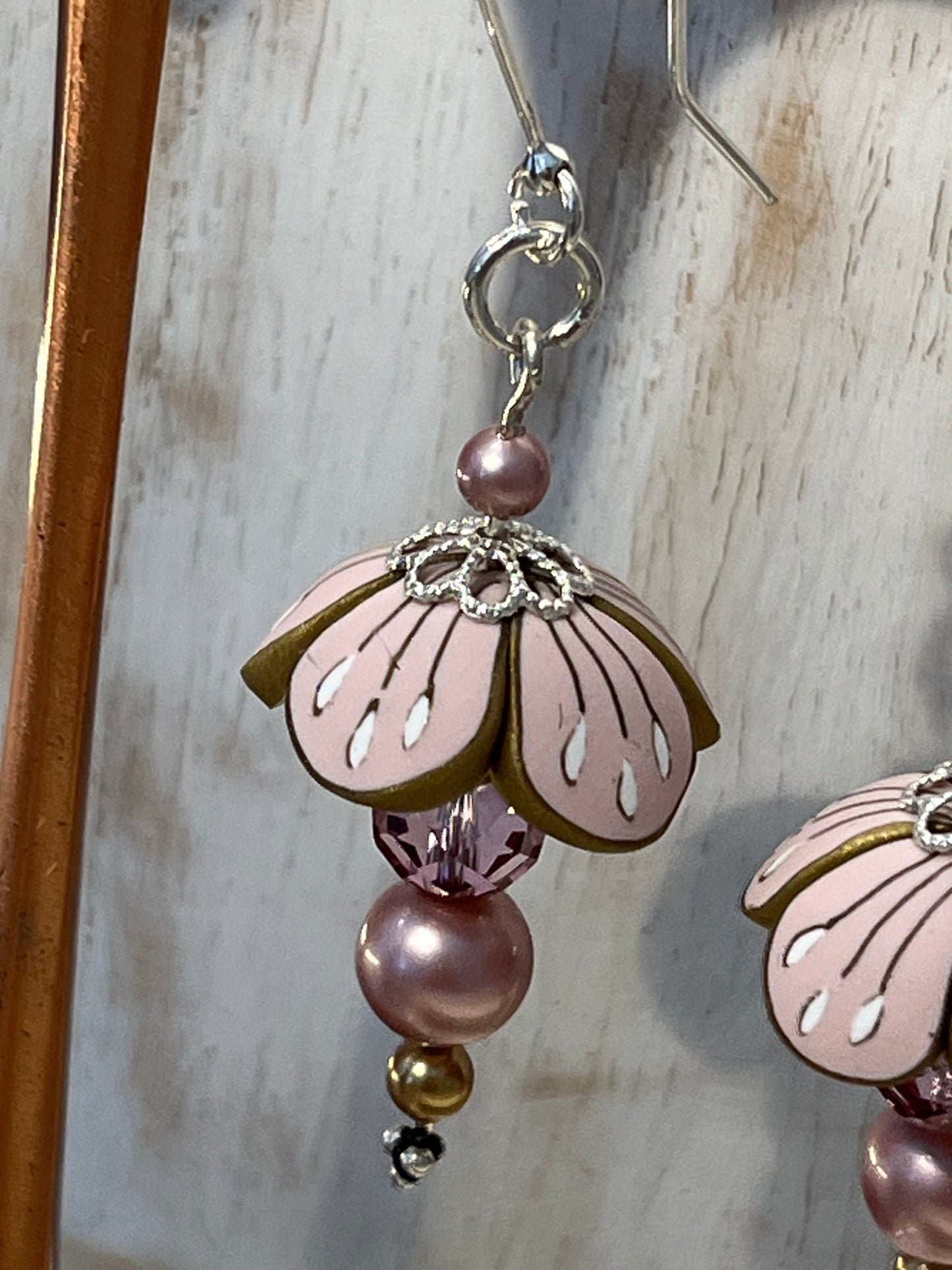 Pastel Blossom Earrings by Stephanie Fraselle in powder pink and gold with Swarovski pearls and crystals