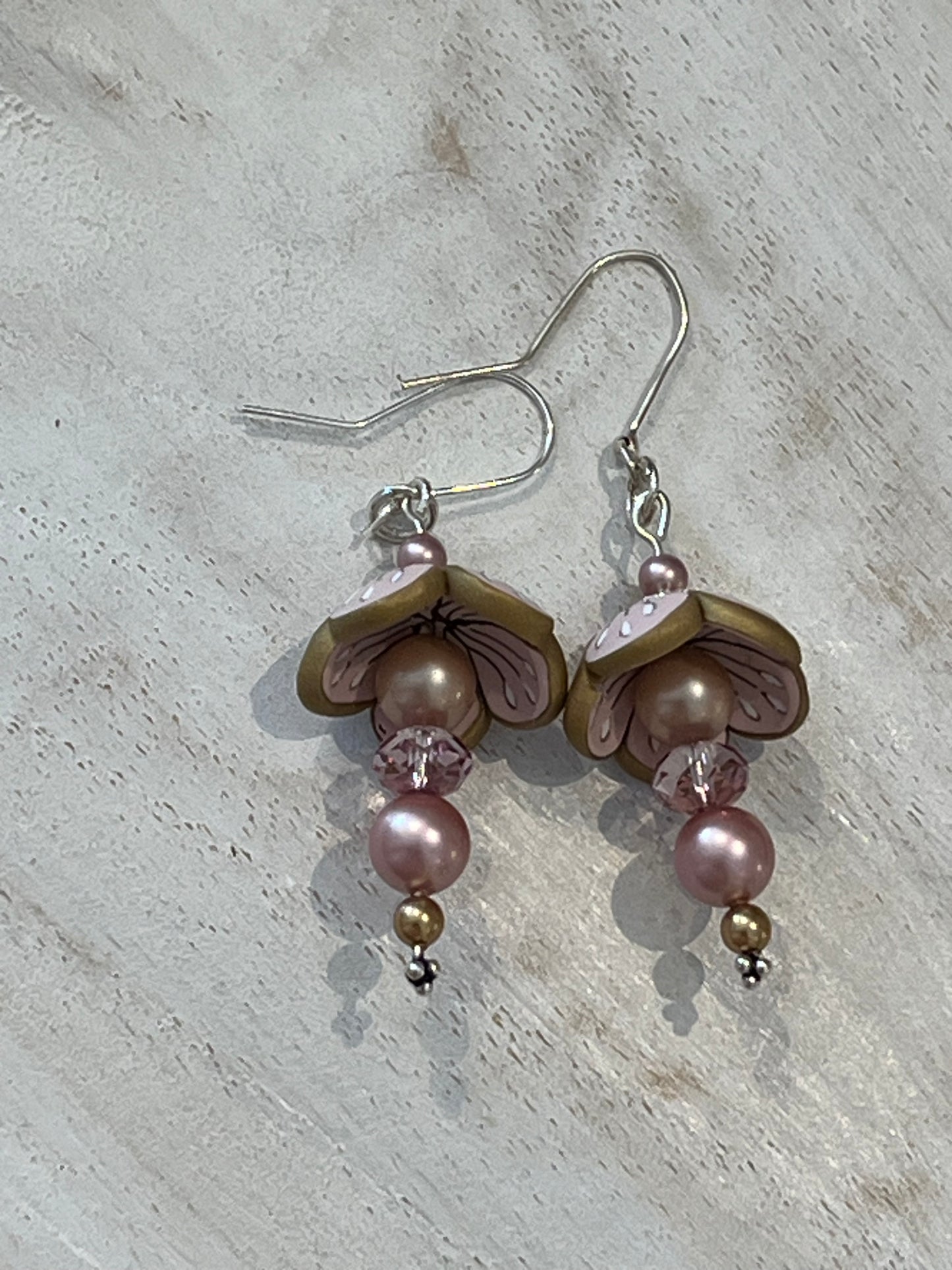 Pastel Blossom Earrings by Stephanie Fraselle in powder pink and gold with Swarovski pearls and crystals