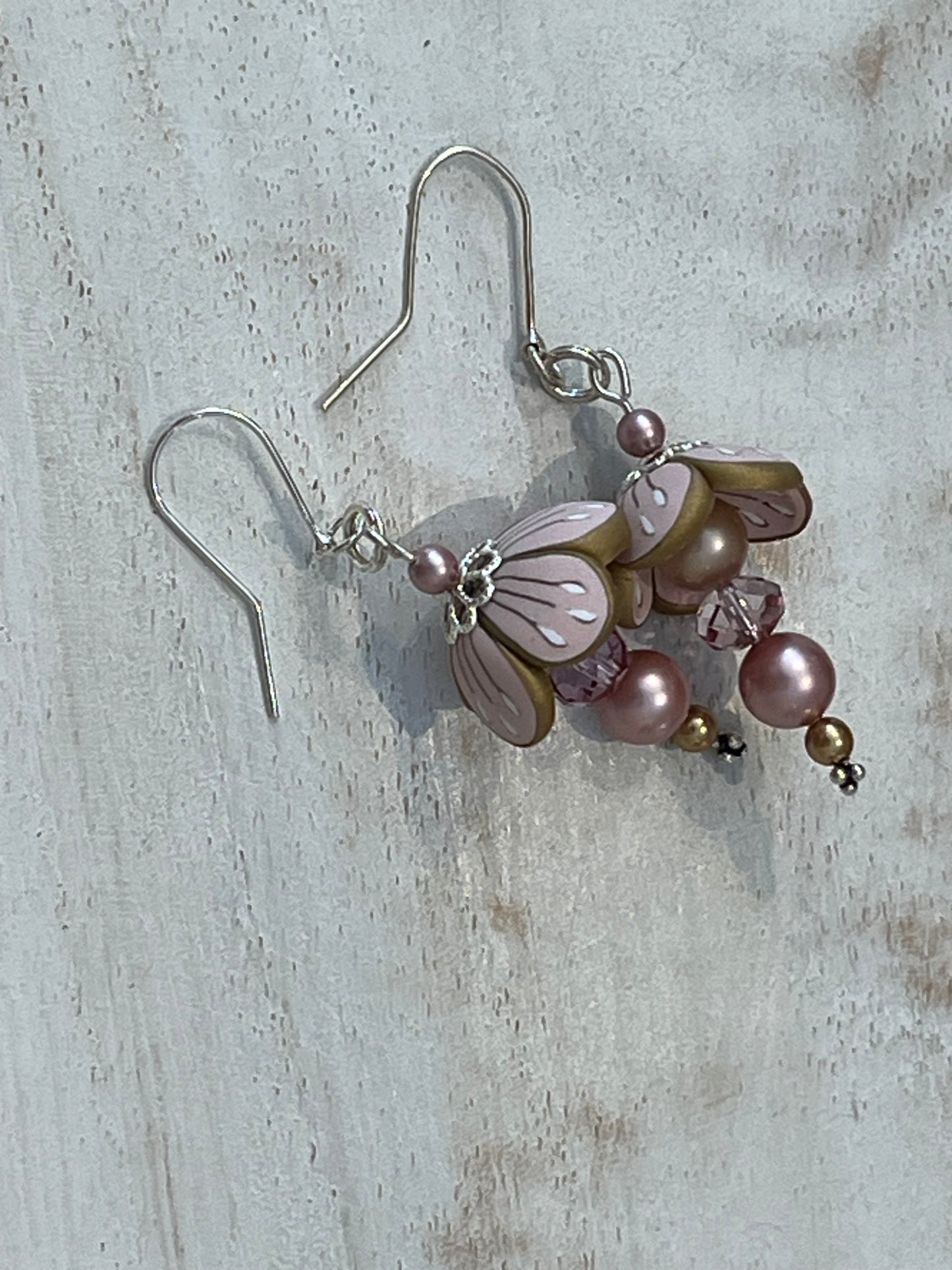 Pastel Blossom Earrings by Stephanie Fraselle in powder pink and gold with Swarovski pearls and crystals