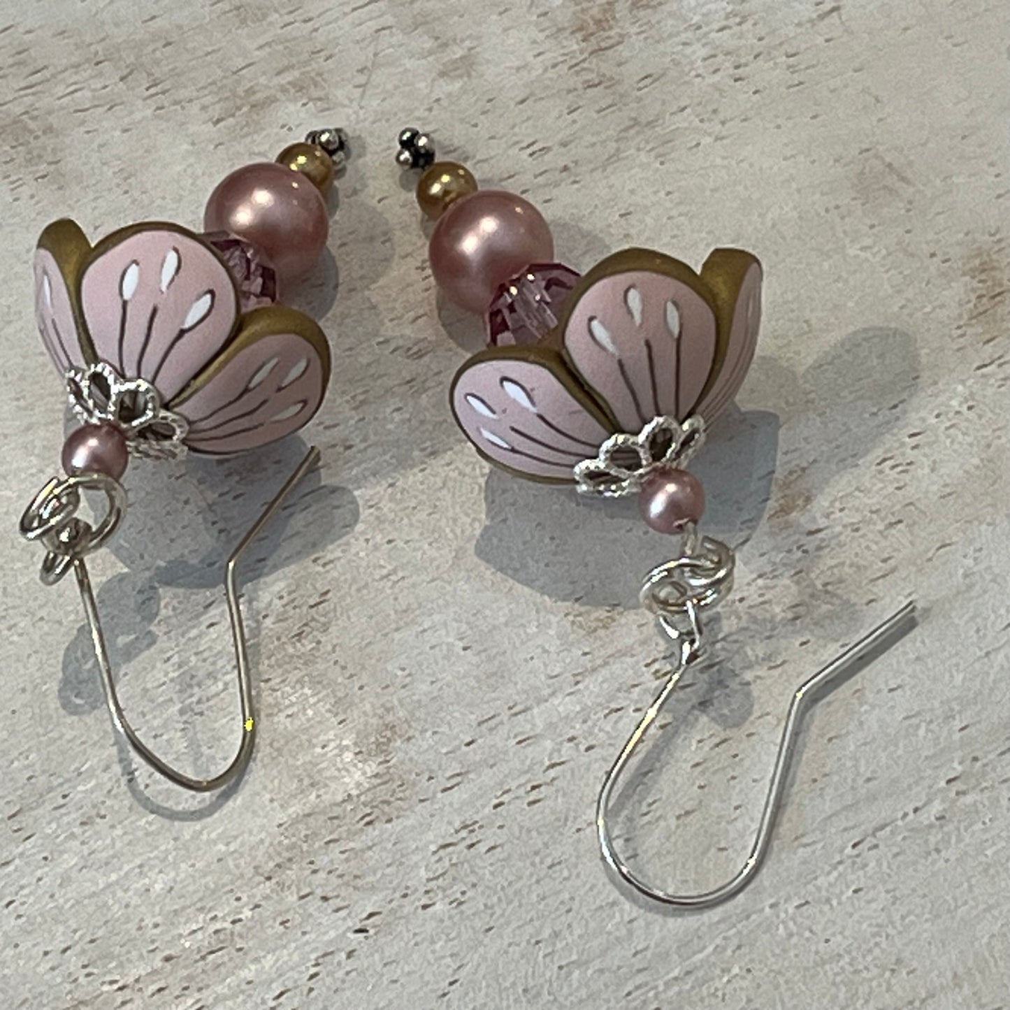 Pastel Blossom Earrings by Stephanie Fraselle in powder pink and gold with Swarovski pearls and crystals
