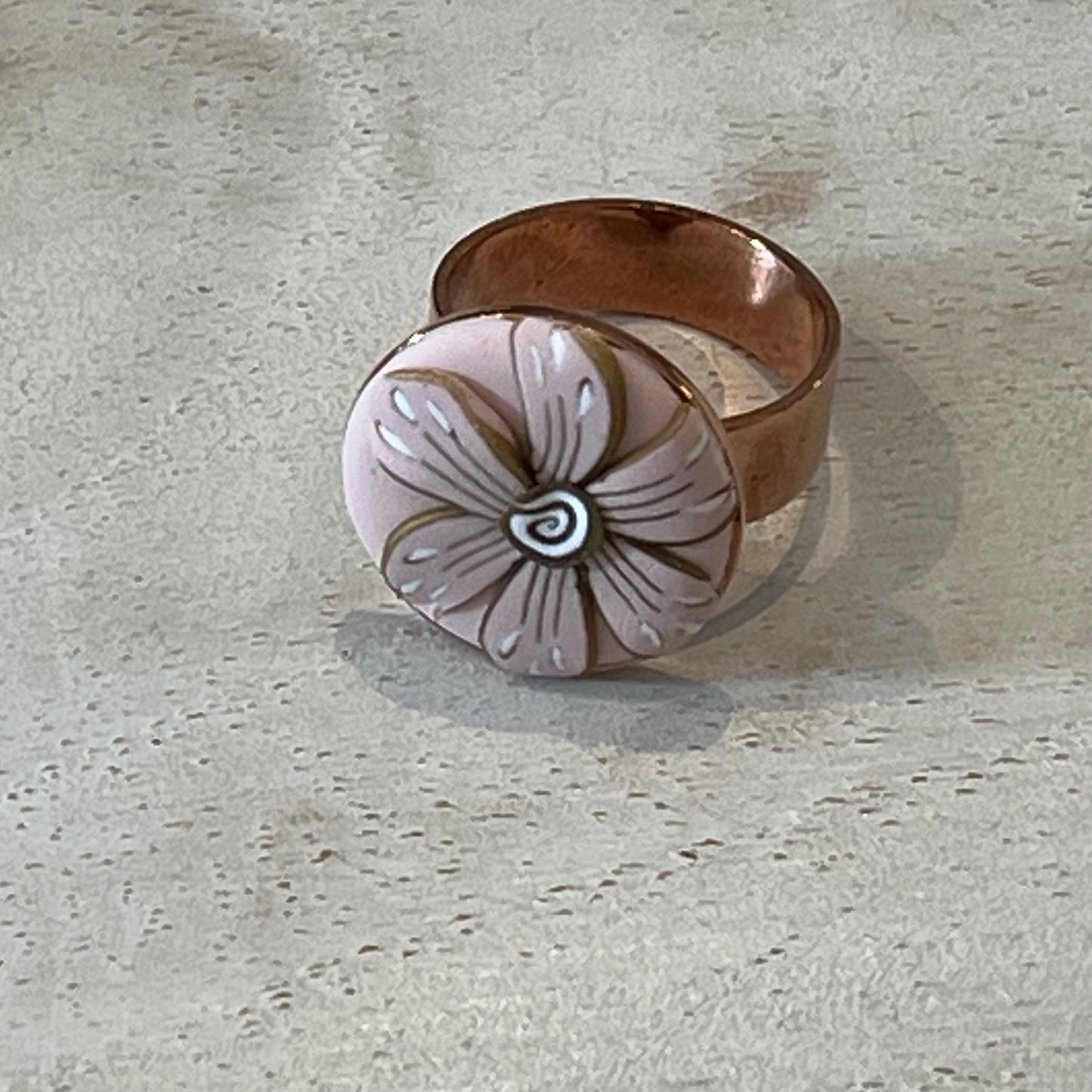 Handmade Floral Bloom Adjustable Ring by Stephanie Fraselle – Rose Gold-Plated Brass with Pink and Gold Polymer Clay Petals