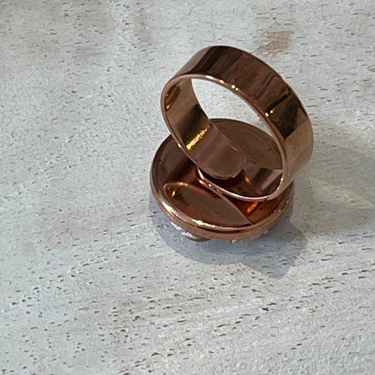 Handmade Floral Bloom Adjustable Ring by Stephanie Fraselle – Rose Gold-Plated Brass with Pink and Gold Polymer Clay Petals