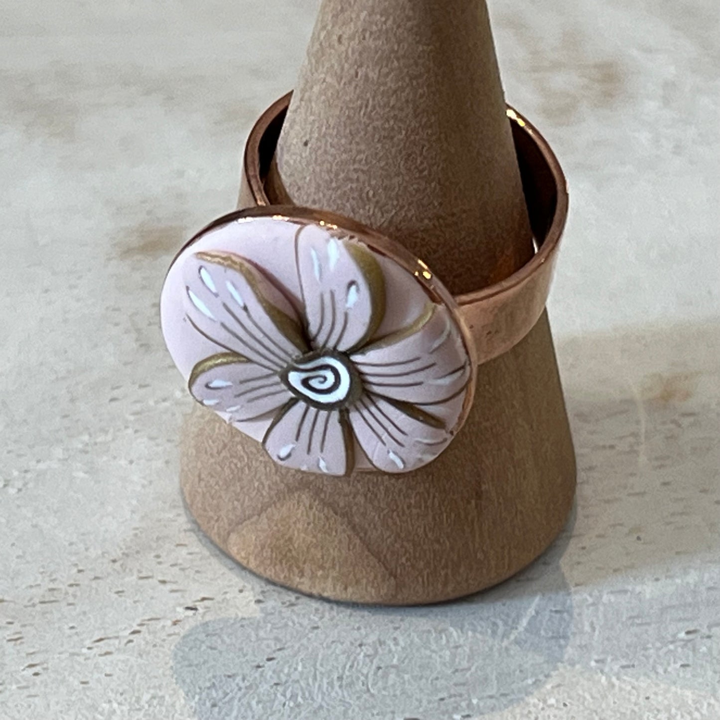 Handmade Floral Bloom Adjustable Ring by Stephanie Fraselle – Rose Gold-Plated Brass with Pink and Gold Polymer Clay Petals