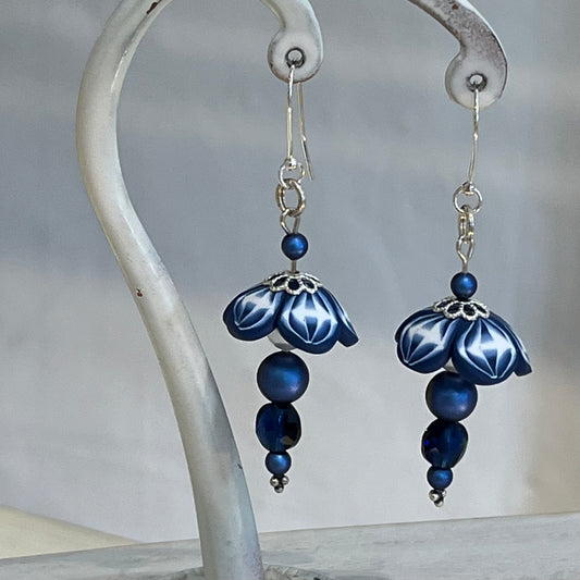 Handcrafted Navy Blossom Earrings with Swarovski Pearls and Sterling Silver by Stephanie Fraselle