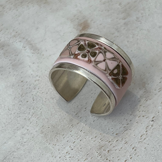 Rose gold‑tone adjustable mosaic ring featuring hand‑sculpted polymer clay in soft layers of dusky pink, powder rose, and gold shimmer, set over vintage brass; open‑ended design (54 mm–62 mm) with an optional forward or inward orientation; approximately 14.5 mm wide by 62 mm long, nickel‑, cadmium‑, and lead‑free.