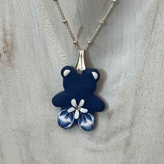 Minimalist handcrafted navy bear pendant with marégraphie polymer clay design on sterling silver chain