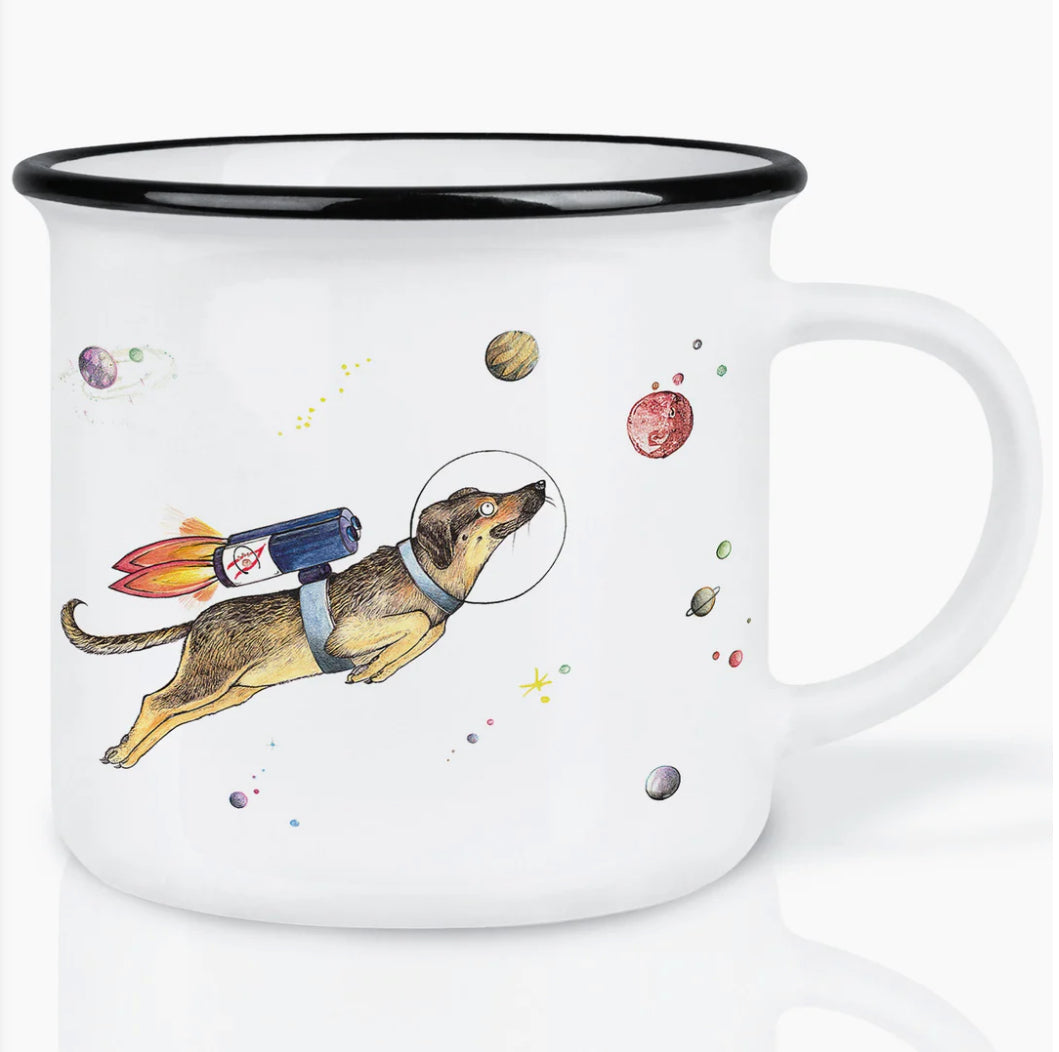 Minimalist ceramic mug with illustration of a dog floating in space, designed by artist Hanna