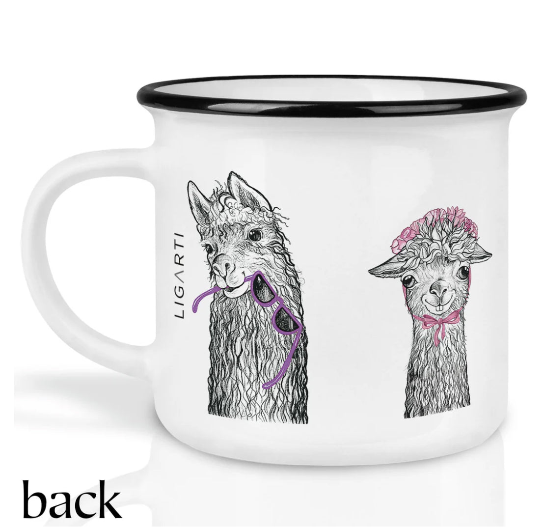 Carpe Diem llama ceramic mug, hand-finished in Germany, whimsical llama illustrations by Hanna