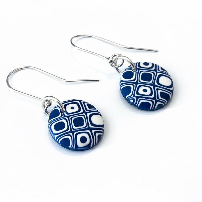 Handcrafted mosaic disc earrings in sterling silver, handmade in Lanzarote by Stephanie Fraselle, lightweight artisan jewelry