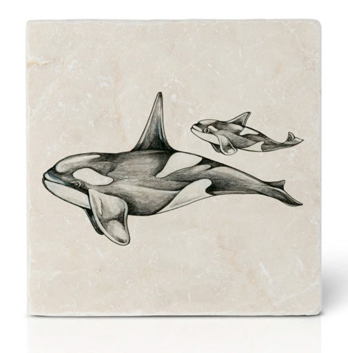 Natural stone art tile "Killer Whales"