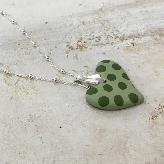 Sage & Olive green “Polka dots ” 925 STERLING SILVER - handmade Mini petite heart - by Stephanie Fraselle - Artisan Jewellery Design