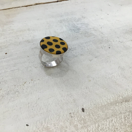 Mustard & Black “Polkadots” Round Adjustable 22mm ring by Stephanie Fraselle - Artisan Jewellery Design