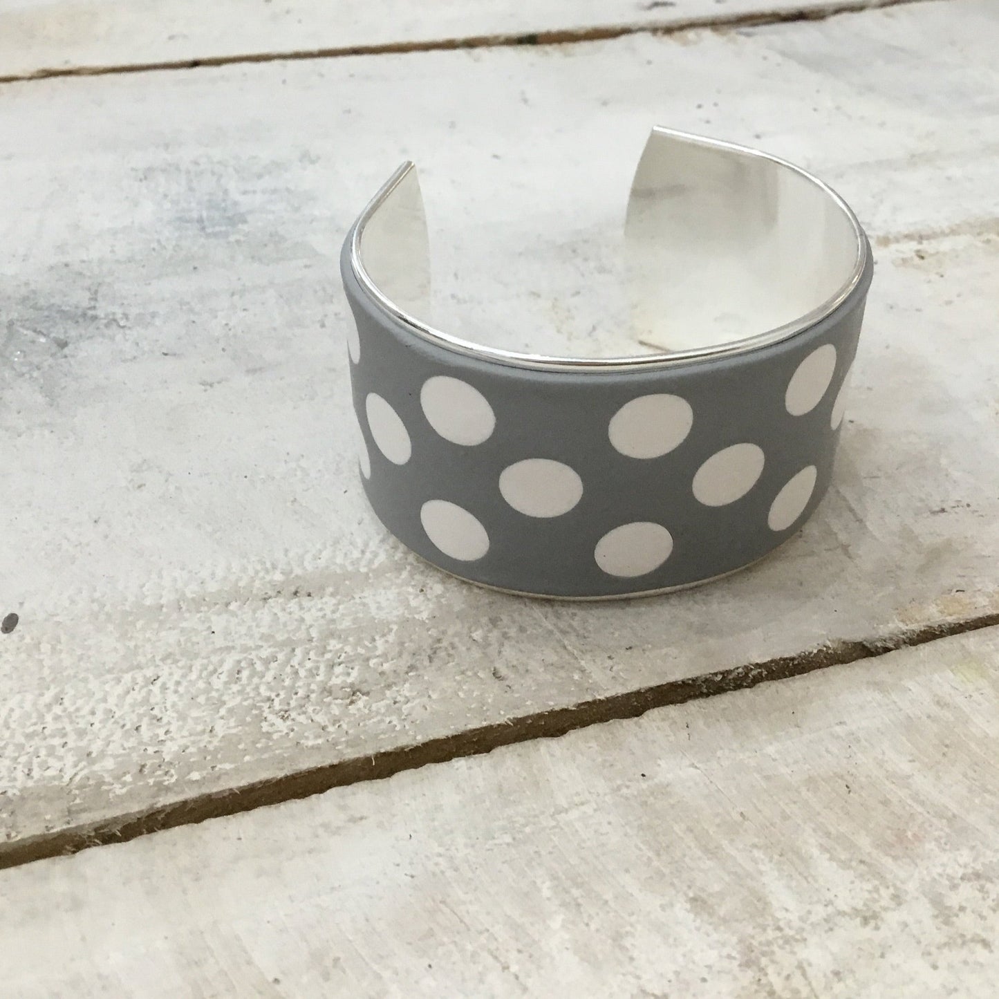 Grey & White “ Polkadots ” Bracelet cuff by Stephanie Fraselle - Artisan Jewellery Design