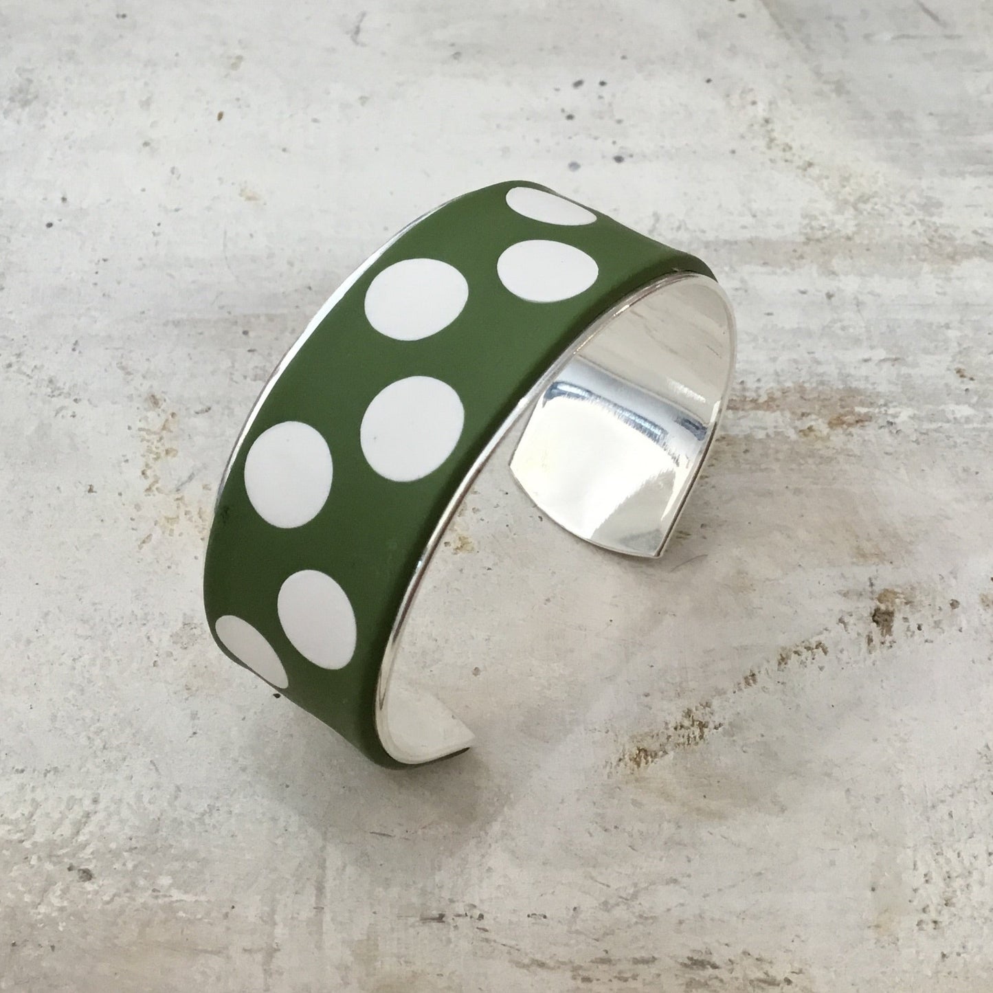 White & Olive Green “Polkadots” Bracelet cuff by Stephanie Fraselle - Artisan Jewellery Design