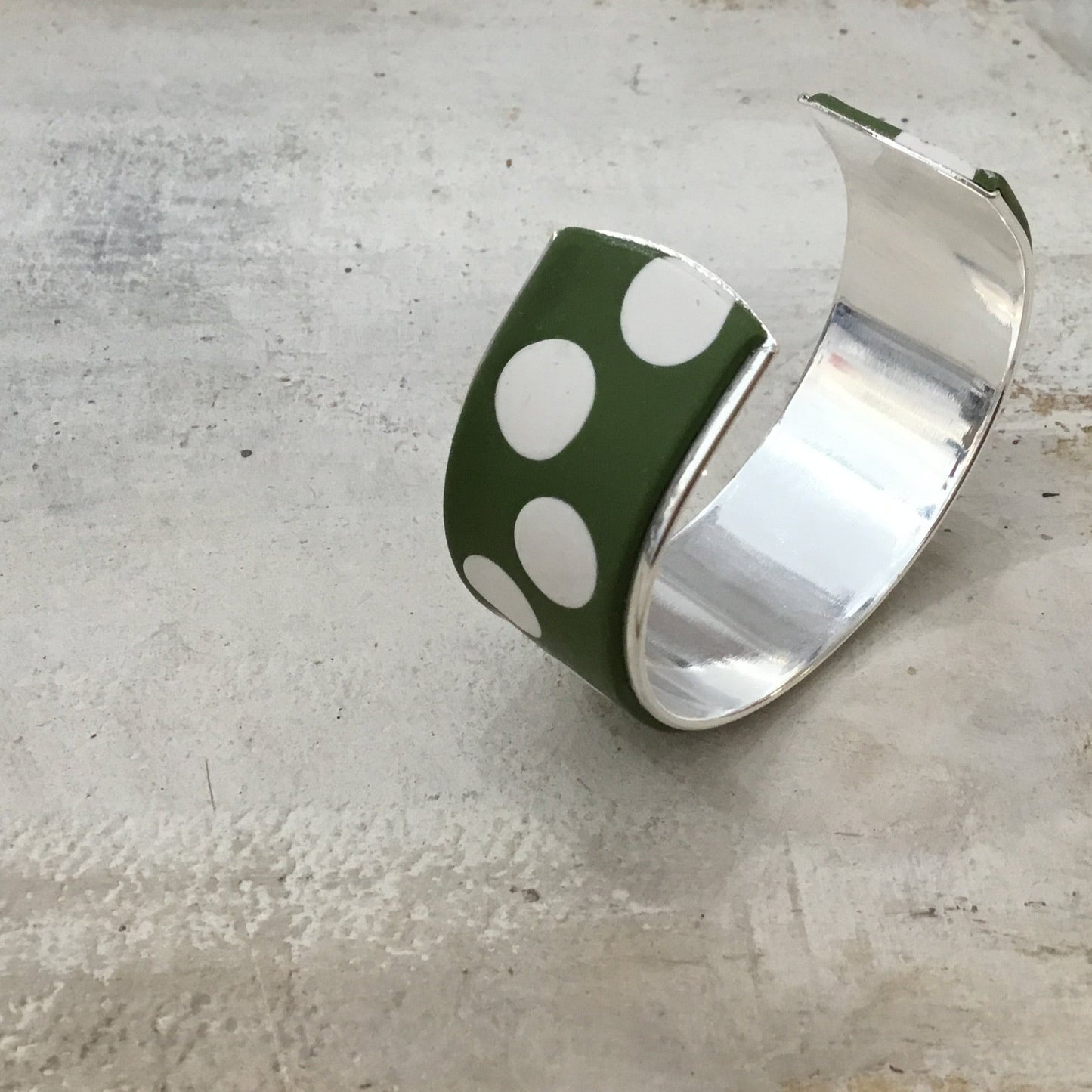 White & Olive Green “Polkadots” Bracelet cuff by Stephanie Fraselle - Artisan Jewellery Design