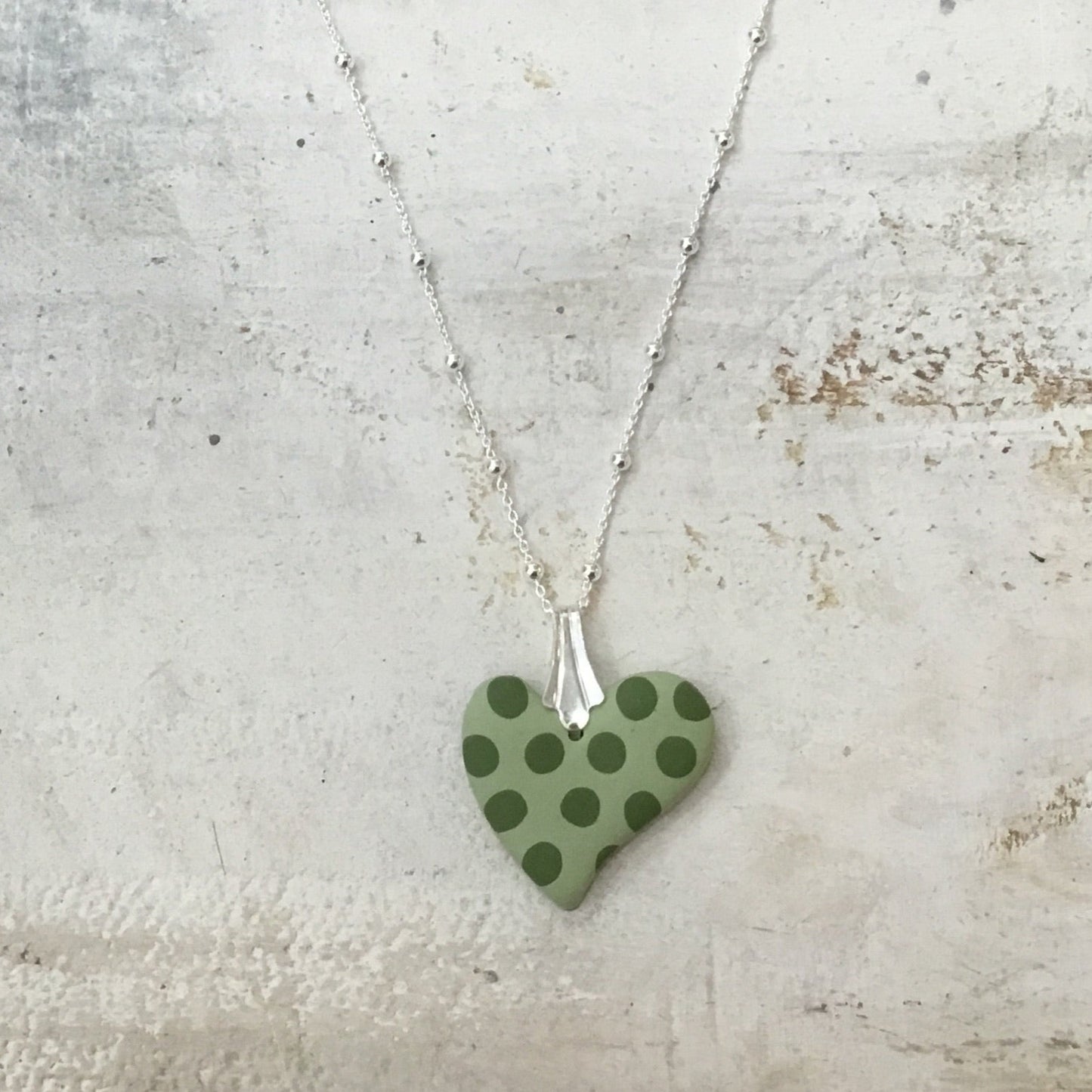 Sage & Olive green “Polka dots ” 925 STERLING SILVER - handmade Mini petite heart - by Stephanie Fraselle - Artisan Jewellery Design