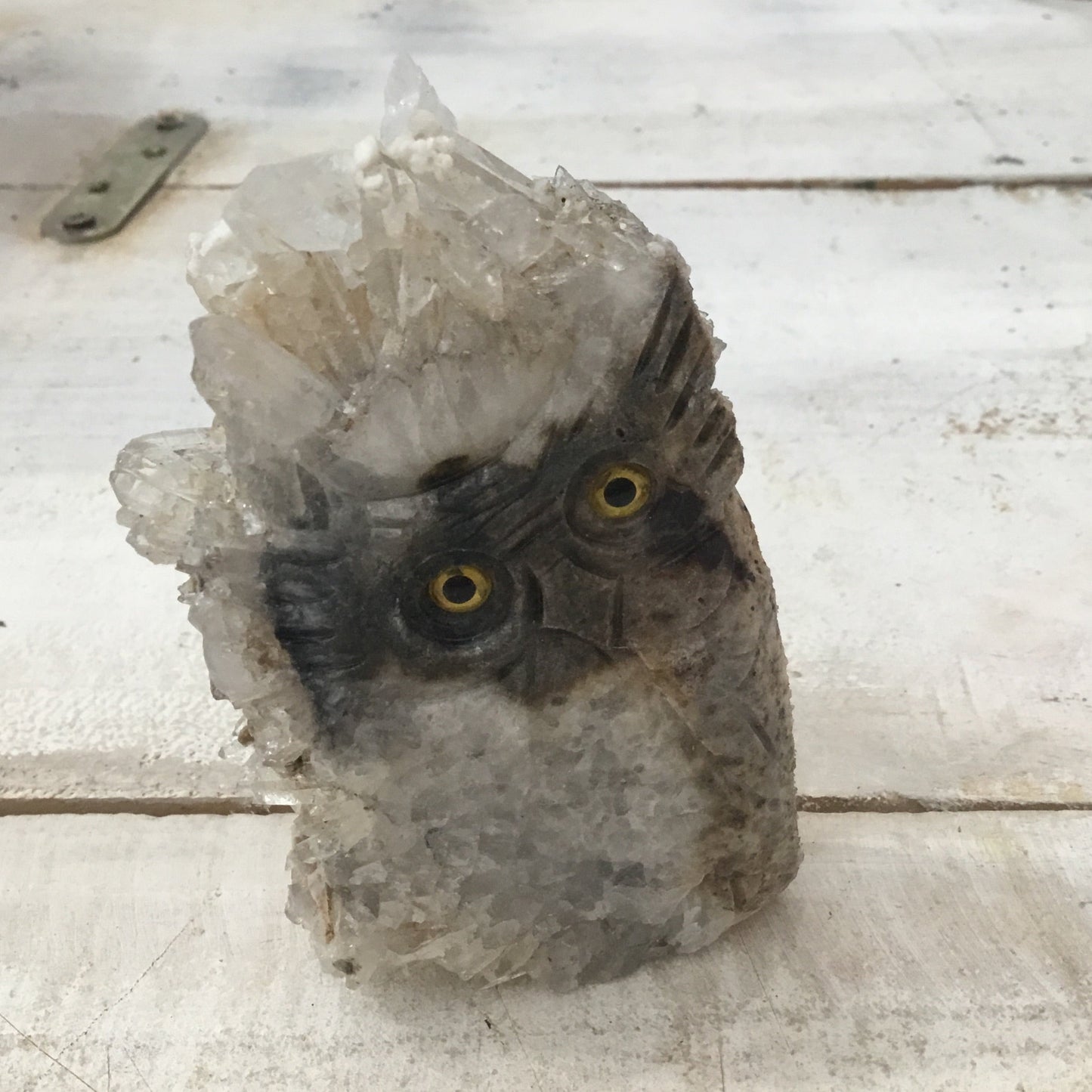 Natural Quartz Crystal mineral. Hand Carved Owl