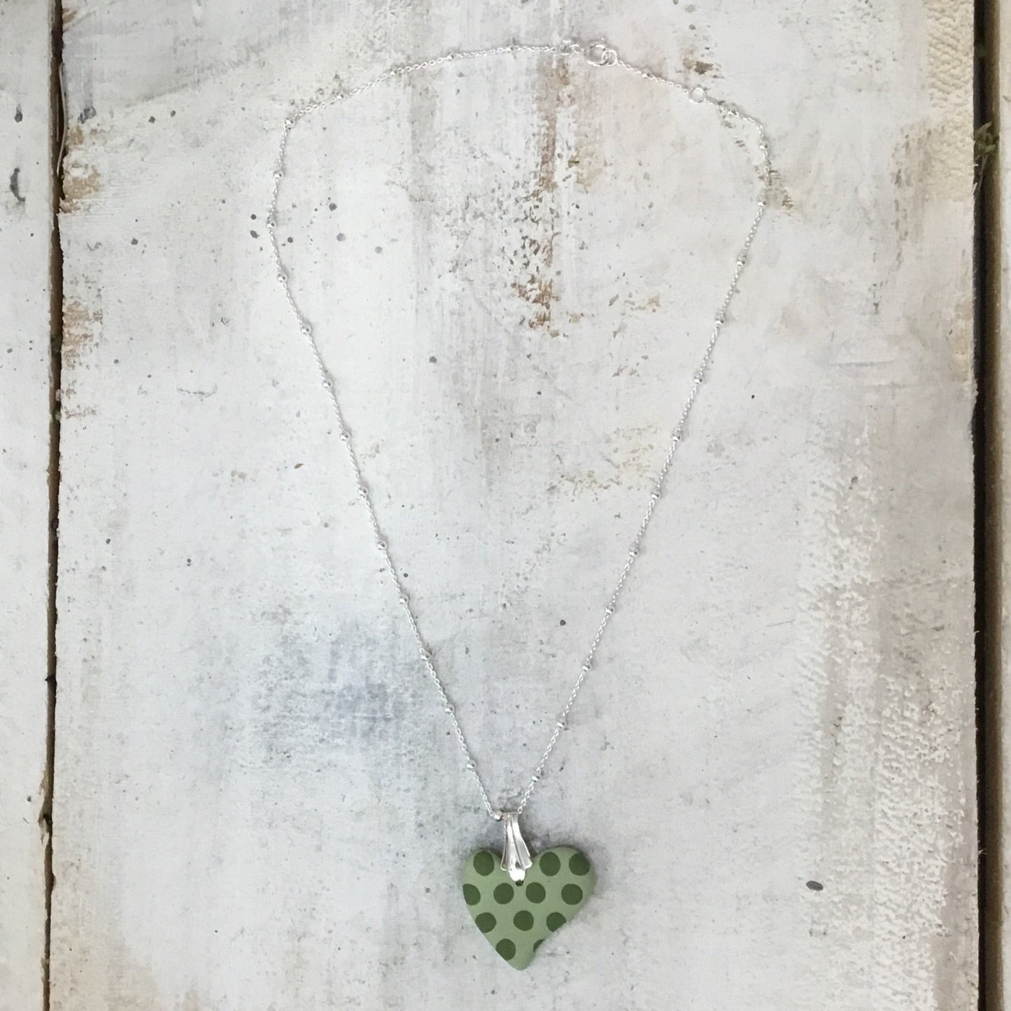 Sage & Olive green “Polka dots ” 925 STERLING SILVER - handmade Mini petite heart - by Stephanie Fraselle - Artisan Jewellery Design