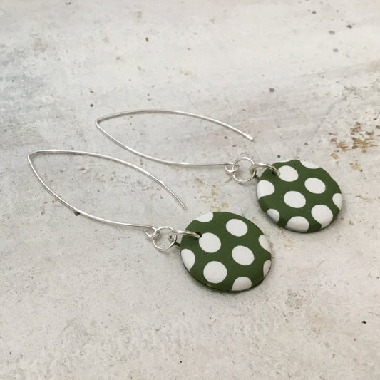 White & Olive Green “Polkadots ” 925 STERLING SILVER - handmade Earring drops - by Stephanie Fraselle - Artisan Jewellery Design