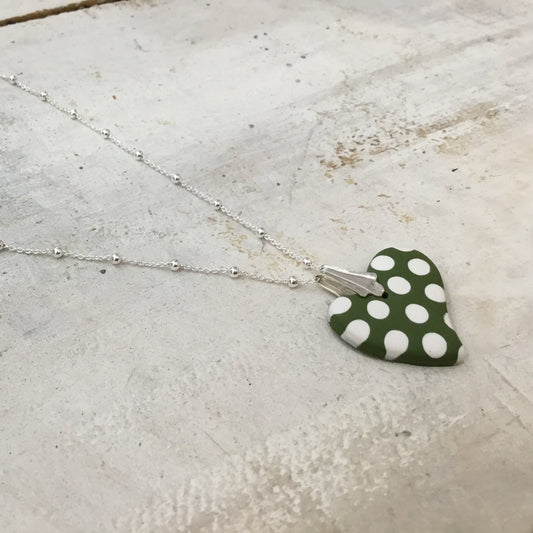 Mini Beloved Heart White & Olive Green “Polkadots¨ - Sterling Silver 925 necklace by Stephanie Fraselle - Artisan Jewellery Design