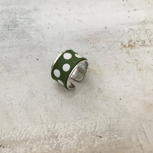 White & Olive Green “Polkadots” collection -adjustable ring by Stephanie Fraselle - Artisan Jewellery Design