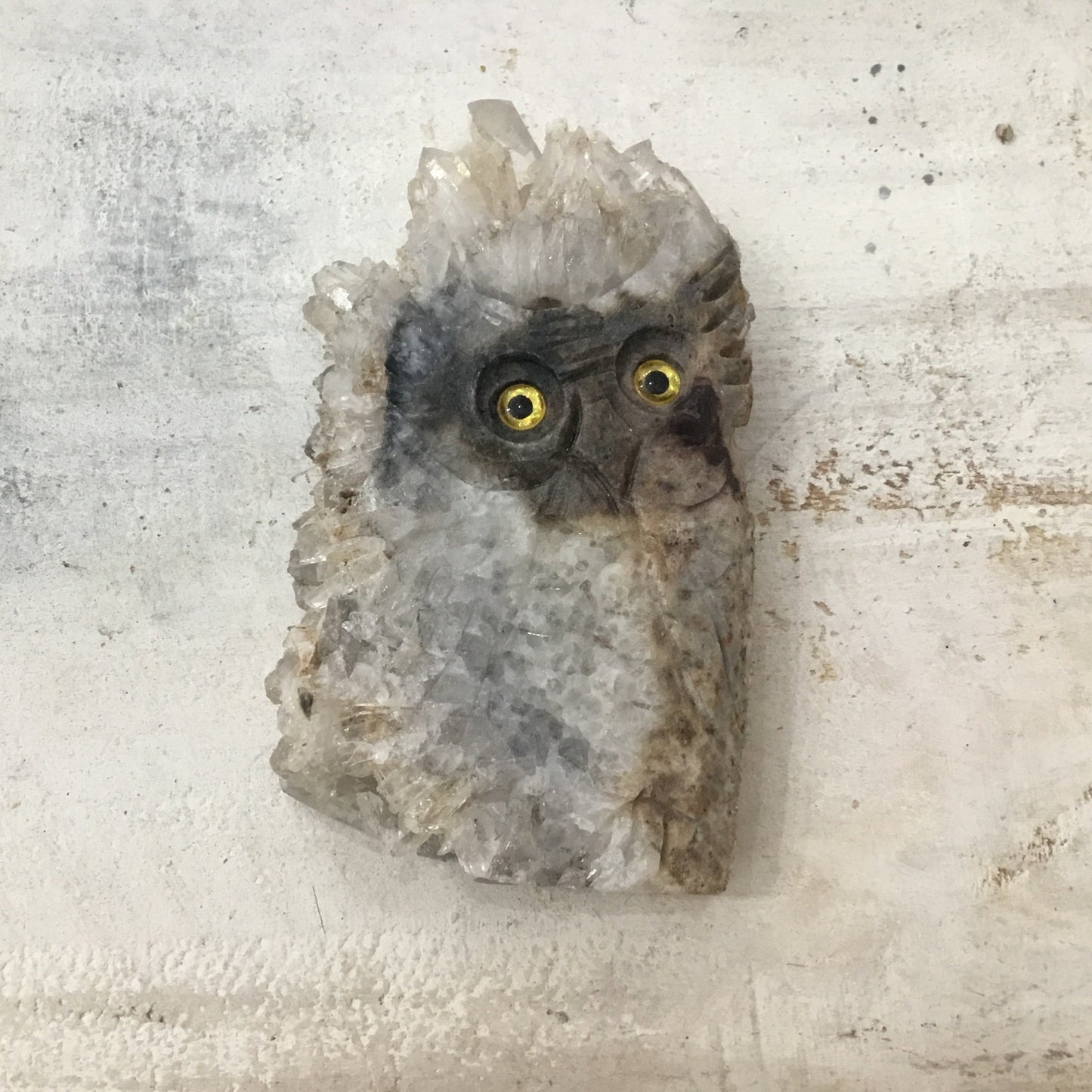 Natural Quartz Crystal mineral. Hand Carved Owl
