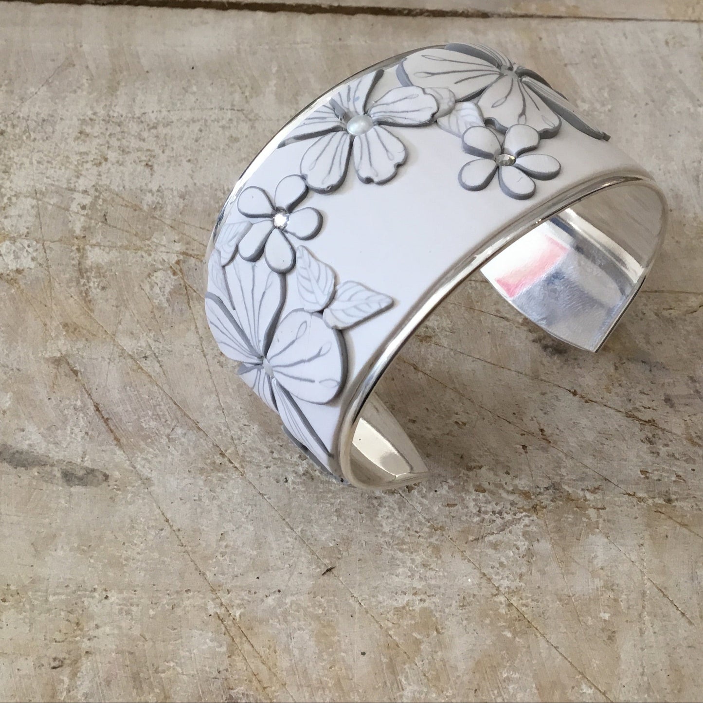 “White Botanics ” 37mm Bracelet cuff by Stephanie Fraselle - Artisan Jewellery Design