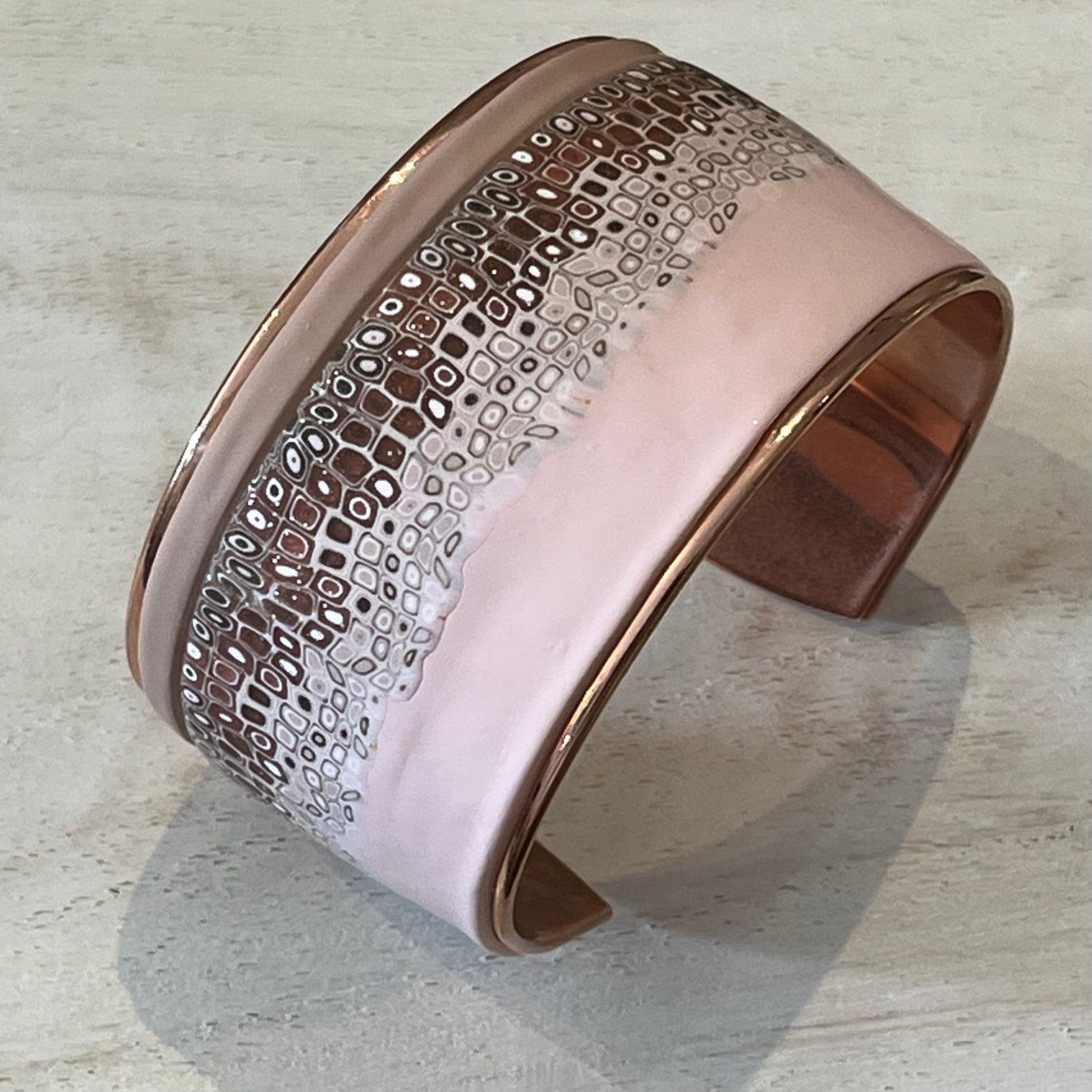 Rose Gold Mosaic Cuff by Stephanie Fraselle – Handmade Polymer Clay in Soft Pink on Sculptural Plated Brass