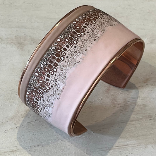 Rose Gold Mosaic Cuff by Stephanie Fraselle – Handmade Polymer Clay in Soft Pink on Sculptural Plated Brass