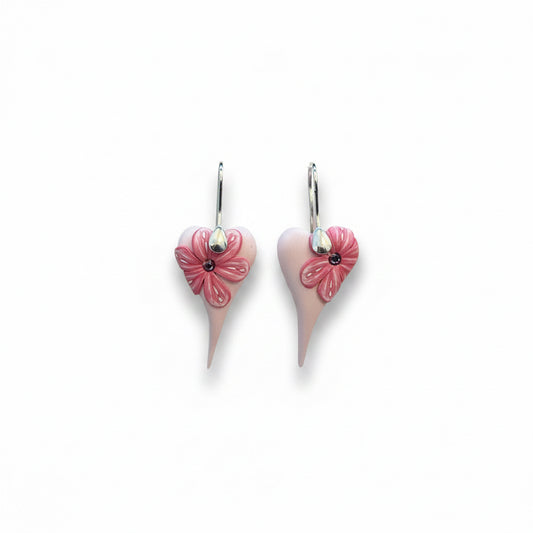 Pink Bloom Earrings | Tapered Hearts | Sterling Silver Earrings