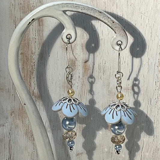 Pastel Blossom sterling silver earrings with Swarovski pearls and light blue floral details by Stephanie Fraselle