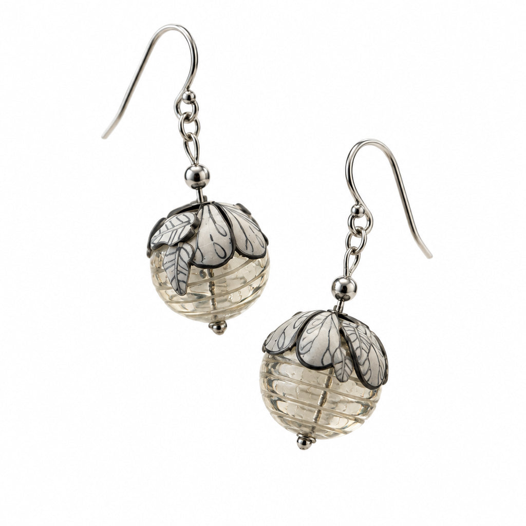 White Blossom Flower Glass Ornament Earrings in Sterling Silver | Stephanie Fraselle Atelier