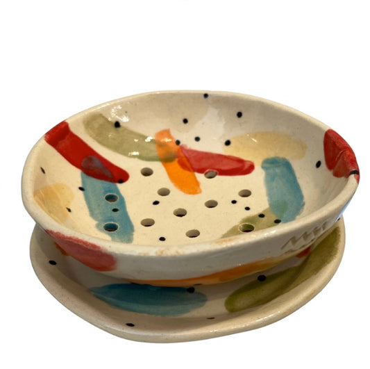 Handcrafted ceramic fruit colander with drip plate in colorful glaze from the Tutti series