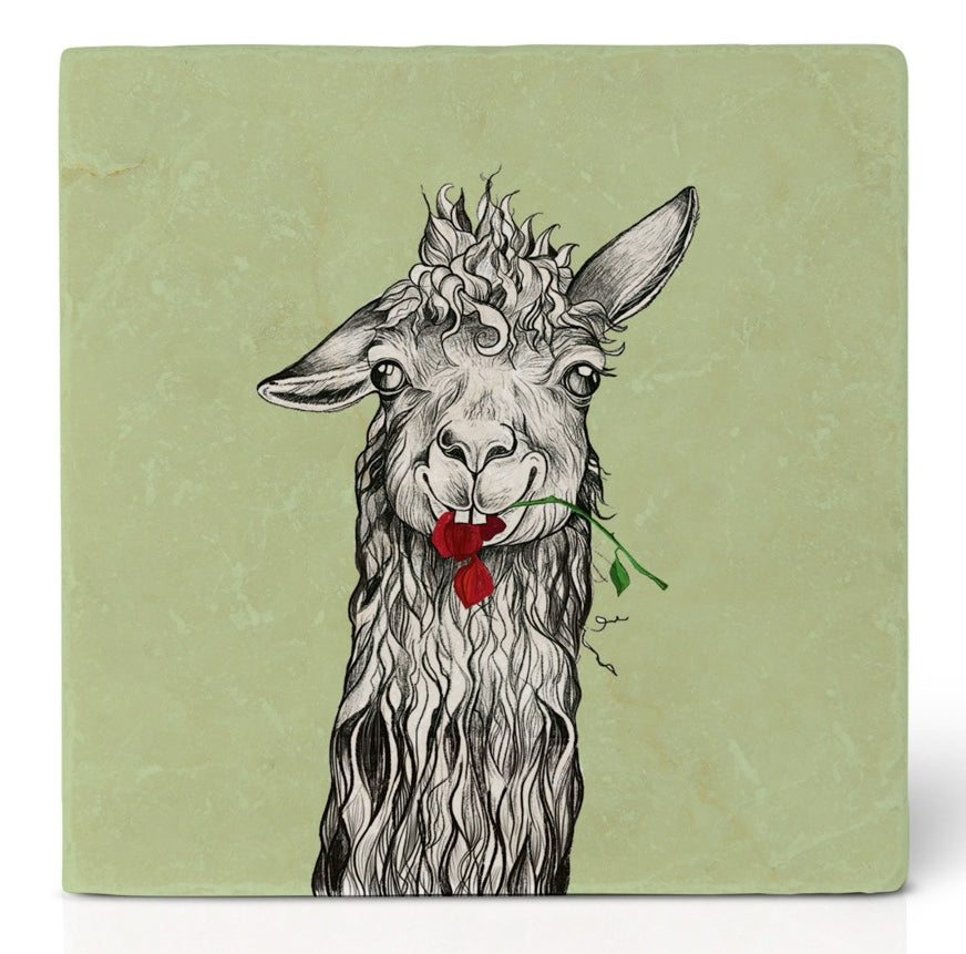 Natural stone art tile  "Llama" Red Rose Chewed up Romance