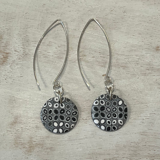 Moonlit Shimmer mosaic earrings in silver, grey, and white by Stephanie Fraselle handcrafted in Lanzarote
