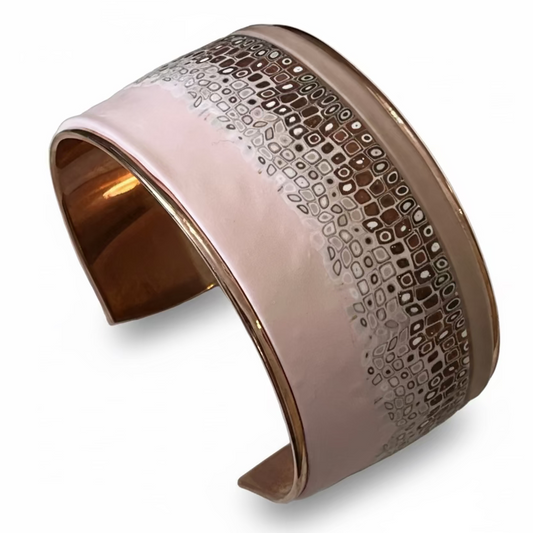 Rose Gold Mosaic Cuff by Stephanie Fraselle – Handmade Polymer Clay in Soft Pink on Sculptural Plated Brass