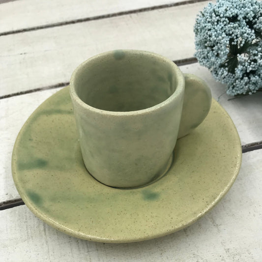 HANDCRAFTED Artisan Pottery espresso cup and plate - GREEN