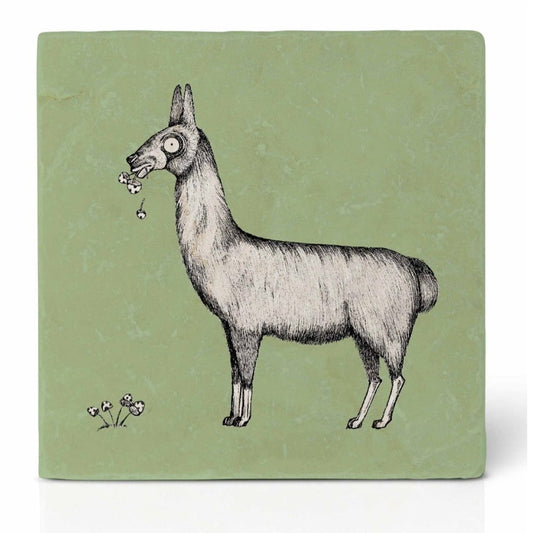 Natural stone art tile “Llama chewing flowers”