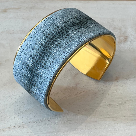 Sea Foam mosaic cuff bracelet by Stephanie Fraselle, handmade in polymer clay with 24k gold-plated brass 