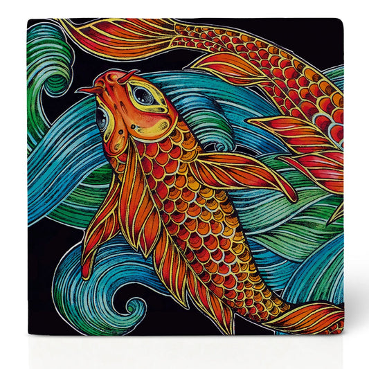 Natural stone art tile “Lotus Flower Fish 1”