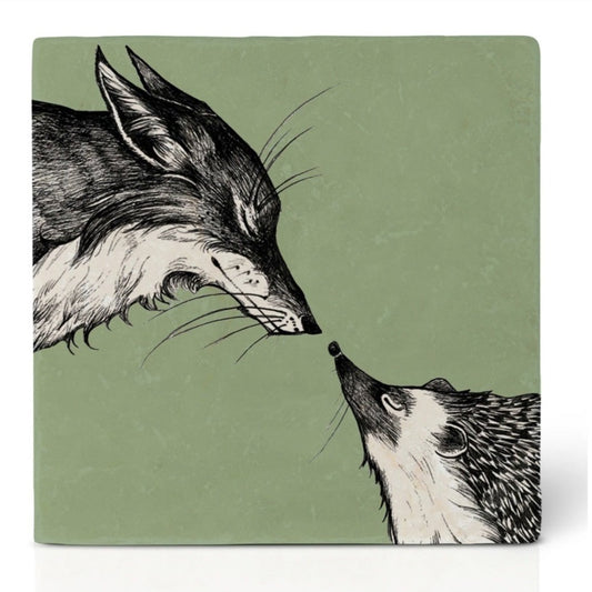 Natural stone art tile “The Fox and the Hedgehog”